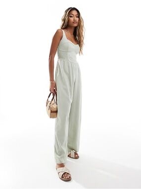 Hollister Linen Smocked Waist Wide-Leg Jumpsuit - Light Sage